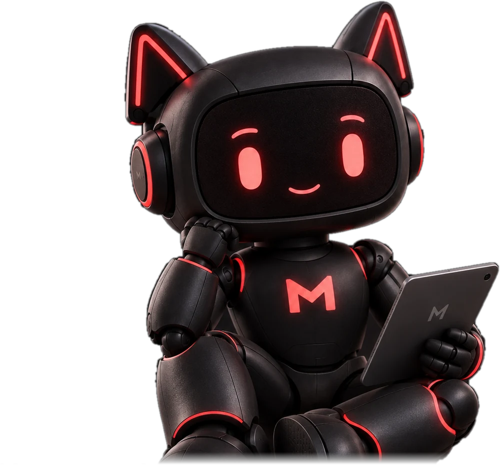 Mascota de MIMOTECH sentada revisando una tablet